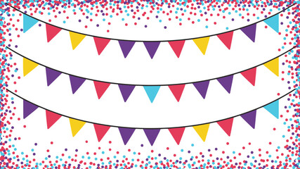 Obraz premium Colorful bunting flags and confetti border on white background party celebration