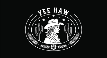 Retro Yee Haw Cowgirl Emblem with Cactus and Flowers for Western Lifestyle Branding.