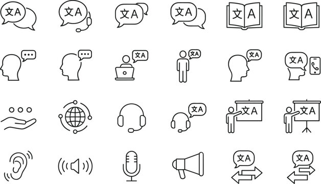 Professional language translation service icons featuring simultaneous interpretation headsets, call center support, online dictionary, global communication, voice recognition