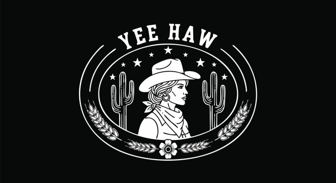 Retro Yee Haw Cowgirl Emblem with Cactus and Flowers for Western Lifestyle Branding.