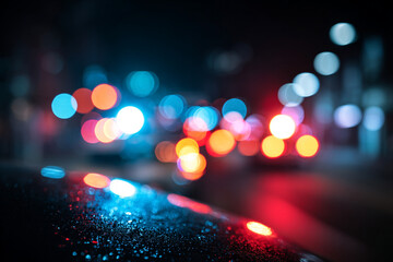 A close-up view of colorful police lights reflecting off a wet surface at night with blurred city lights in the background