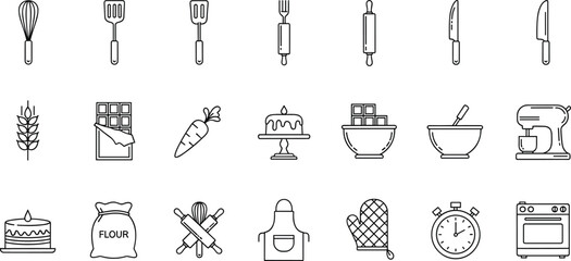 Complete baking and pastry preparation line icon set featuring whisks spatulas rolling pins cakes chocolate bars mixers and professional kitchen tools