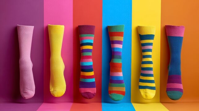 Six colorful socks arranged vertically against a backdrop of matching colored panels, showcasing patterns and hues