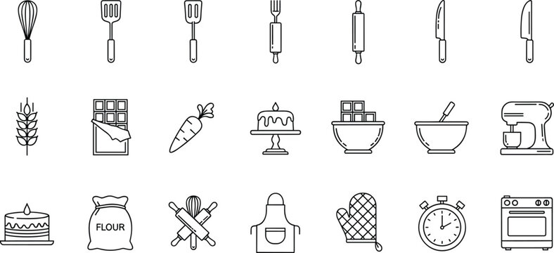 Complete baking and pastry preparation line icon set featuring whisks spatulas rolling pins cakes chocolate bars mixers and professional kitchen tools