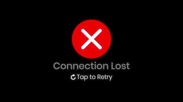 Connection lost warning message animation with red cross on black background