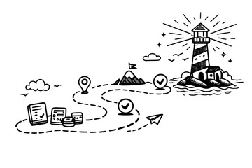 Naklejka premium Tax Journey Lighthouse. Doodle-style vector icon of a completed tax navigation journey, path ending at a glowing lighthouse of