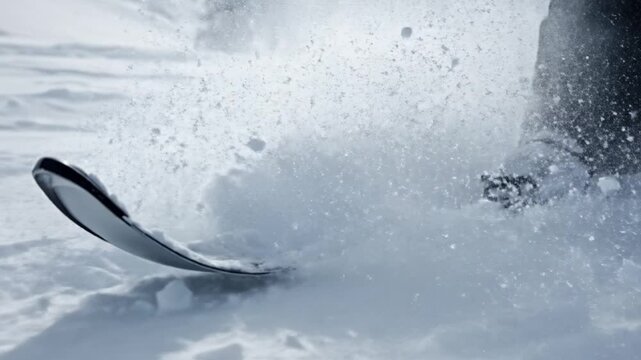 Close-up of a ski tip gliding through fresh powder snow, kicking up spray. A dynamic winter sport scene suitable for ski resort promotions and active lifestyle content.