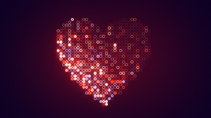 Heart shape formed by abstract glowing circles representing love and technology