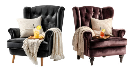 Two luxurious tufted wingback armchairs styled with cozy blankets plush pillows and refreshing drinks on transparent background
