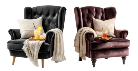 Two luxurious tufted wingback armchairs styled with cozy blankets plush pillows and refreshing drinks on transparent background