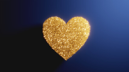 Golden glitter heart sparkling brightly on a dark blue background
