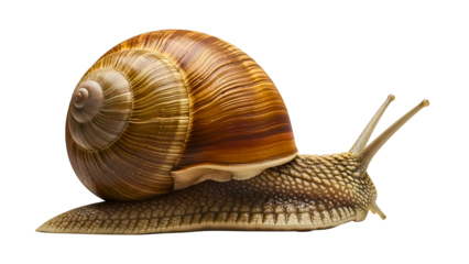 Brown garden snail crawling on white background