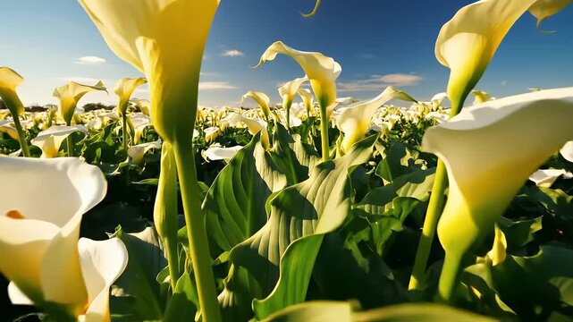 Field of White and Yellow Calla Lilies Blooming Under a Clear Blue Sky.