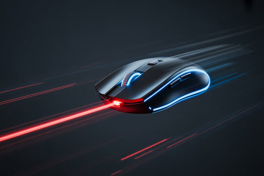 A modern computer mouse on a speedy blur background