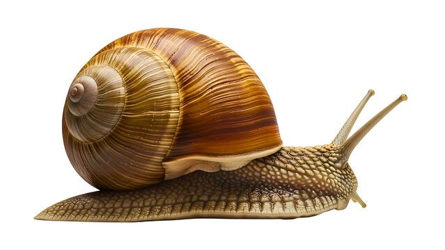 Brown garden snail crawling on white background