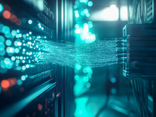 Data streams flow between server racks in a modern data center, representing high-speed digital information transfer.