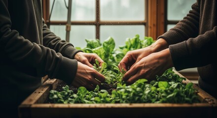 Hands carefully handling fresh green plants in a wooden box near a window