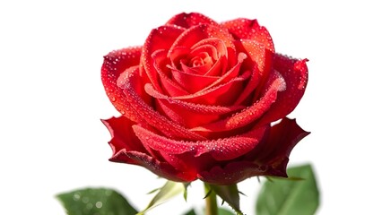 Fresh red rose in full bloom with sparkling dew, detailed petals, clean white background, realistic texture.