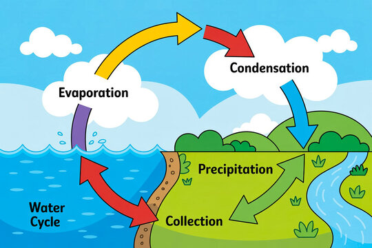 A simple educational infographic illustration of the water cycle