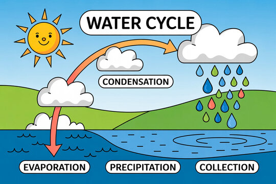 A simple educational infographic illustration of the water cycle
