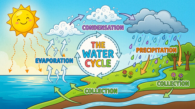 A simple educational infographic illustration of the water cycle