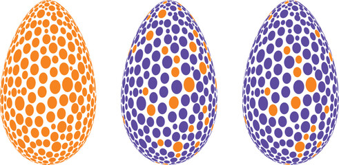 Easter egg vector set with orange and purple polka dot patterns for holiday celebration spring season decorative ornaments and festive greeting card backgrounds.