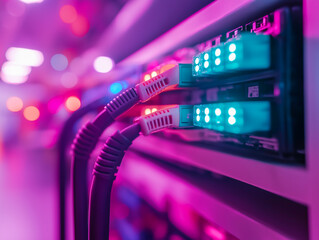 Network cables plugged into illuminated server rack, showcasing vibrant data center technology.