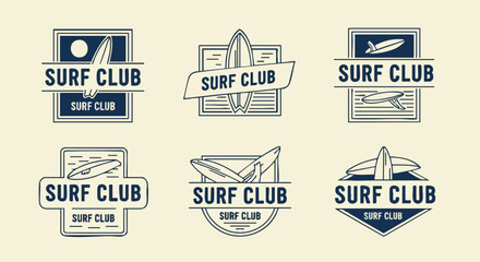 Set of surf club logos and emblems with surfboards, sun and water elements for beach or sports branding.