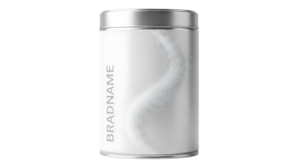 A sleek cylindrical white container with a blurred swirl design and a branded vertical name is showcased