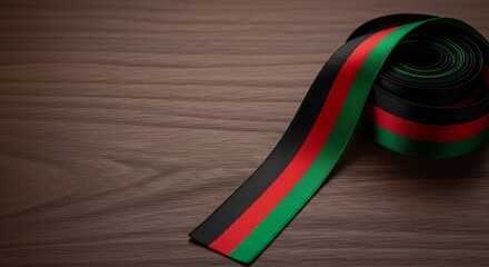 Vibrant red black and green ribbon coiled on wood, symbolizing Pan-African heritage and unity for Black History Month concept