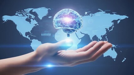 A hand holding a glowing global network representation above a world map - Powered by Adobe