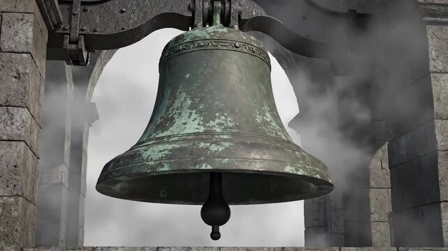 Antique Bronze Clock Tower Bell Ringing Amidst Mist