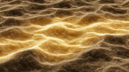 Golden abstract landscape of glowing fibers forming waves or terrain, with luminous textures and flowing organic energy.