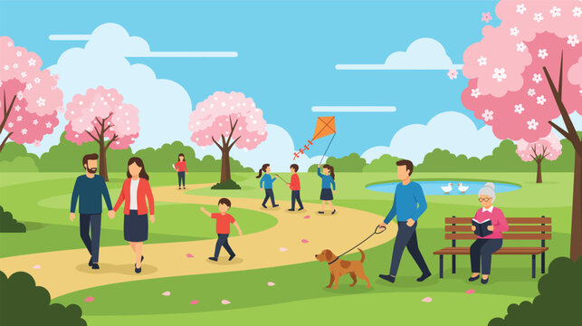 People enjoying a sunny day in a park with blooming trees - Powered by Adobe