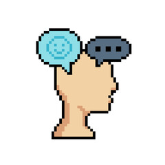 Pixel Art Profile of Human Head with Thought and Speech Bubbles