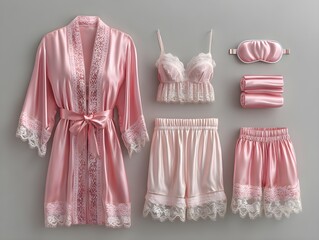 pink satin 7 piece bridal pajama set including robe camisole slip dress trousers shorts clean simple design for web and print use clear view modern minimal look neat layout vivid detail soft light