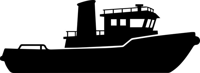 Bold black silhouette of a classic tugboat, perfect for maritime themes, logo design, nautical projects, and transportation concepts © Ahsan