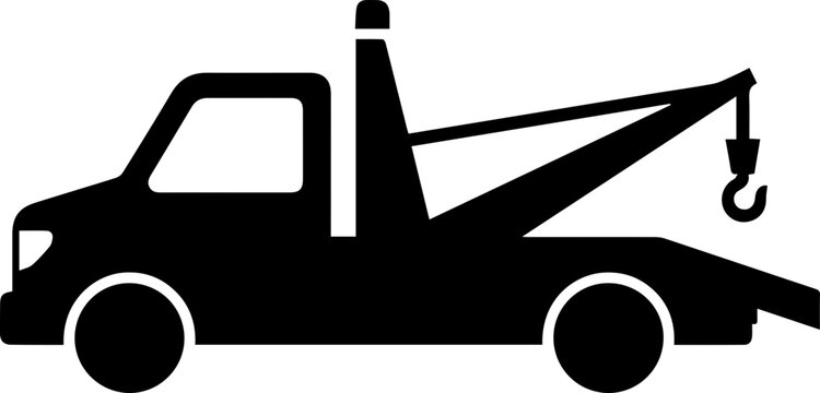 Tow truck icon in black and white, perfect for roadside assistance, vehicle recovery services, and automotive design projects