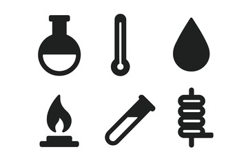 Distillation Tools Icons. Solid style icons of recollection distillation tools: distillation flask, thermometer, liquid drop, heat