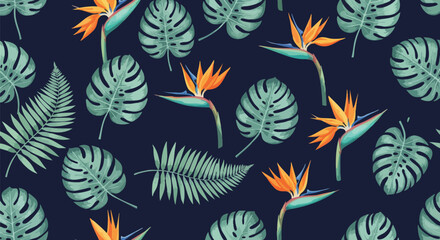 Tropical Paradise Seamless Pattern: Bird of Paradise Flowers and Monstera Leaves.