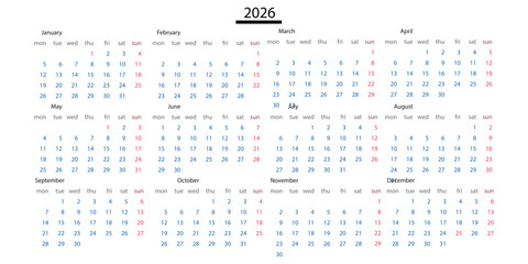 Monthly calendar template for 2026 year. Wall or desk calendar in a minimalist style. Diary planner for 2026 year. Week Starts on Sunday.
