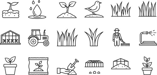 Obraz premium Complete gardening and agriculture line icon set featuring seedling growth tractors greenhouses farm workers irrigation hoses and essential plant cultivation tools