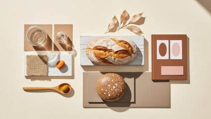 Rustic bread and natural elements displayed with water and minimalist details