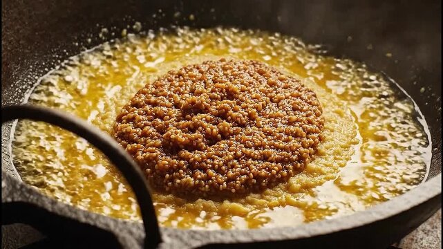 Adding thick granular mustard paste to intensely bubbling ghee in cast iron wok during traditional cooking process
