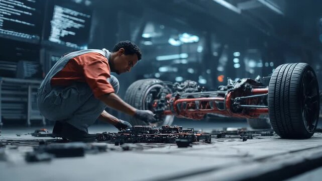 Mechanics analyze and repair AI navigation modules on a futuristic autonomous vehicle in a metropolitan repair shop