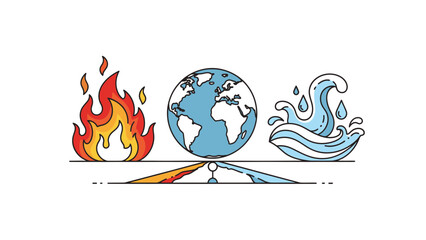 Illustration of Earth with elements fire and water in balance on a neutral background