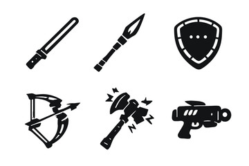 Futuristic Weapon Icons. Solid vector icons of weapons and tech: laser sword, plasma spear, energy shield, hologram bow,