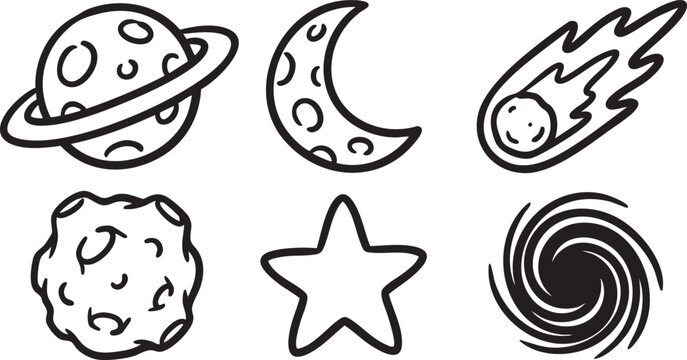 Six hand drawn black and white space including planet moon comet asteroid star and black hole