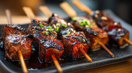 A plate of grilled meat skewers topped with green onions and served on a black plate