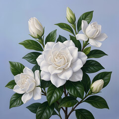 Elegant white gardenia blooms and buds with lush green leaves against a serene blue background